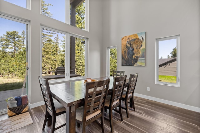 21271 Ridgewood Trl, Lead, SD 57754 - dining space with a towering ceiling, baseboards, and dark wood-style floors