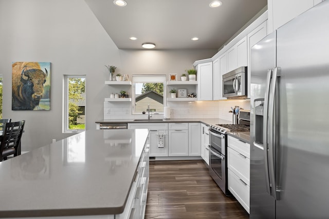 21271 Ridgewood Trl, Lead, SD 57754 - kitchen featuring appliances with stainless steel finishes, open shelves, a sink, recessed lighting, and decorative backsplash