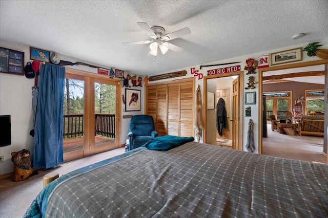 326 Nob Hill Rd, Spearfish, SD 57783 - bedroom featuring carpet flooring, access to outside, a textured ceiling, and a ceiling fan