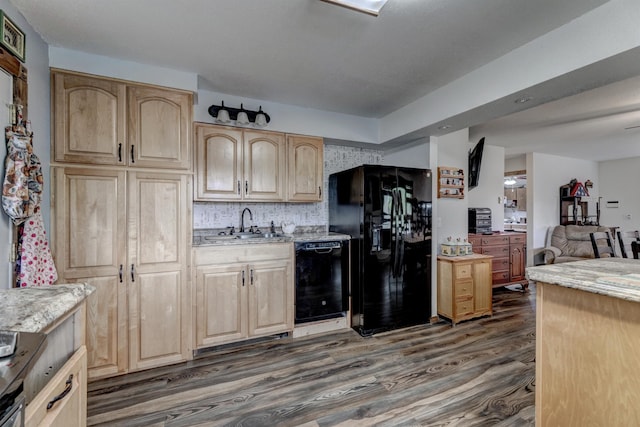12944 Larene Dr, Black Hawk, SD 57718 - kitchen featuring black appliances, light brown cabinetry, dark wood-style flooring, and a sink