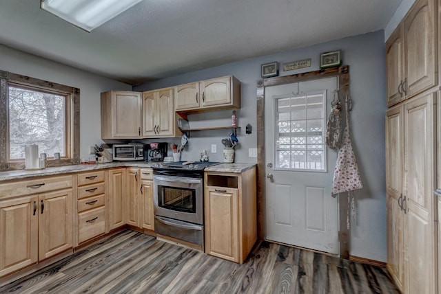 12944 Larene Dr, Black Hawk, SD 57718 - kitchen featuring electric stove, light brown cabinetry, light wood-style flooring, and light stone counters
