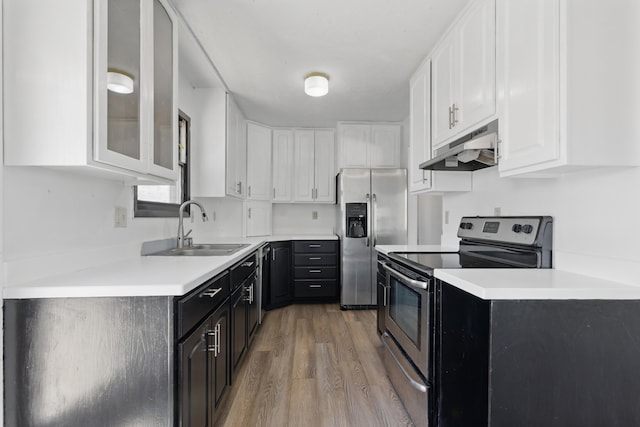 5753 Pluto St, Rapid City, SD 57703 - kitchen featuring under cabinet range hood, stainless steel appliances, a sink, white cabinets, and dark cabinets