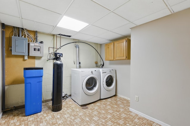 5753 Pluto St, Rapid City, SD 57703 - laundry room featuring cabinet space, washing machine and clothes dryer, electric panel, and concrete block wall