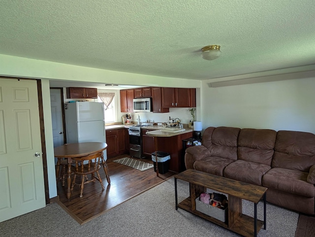 living room with dark wood-style flooring, a textured ceiling, and dark carpet