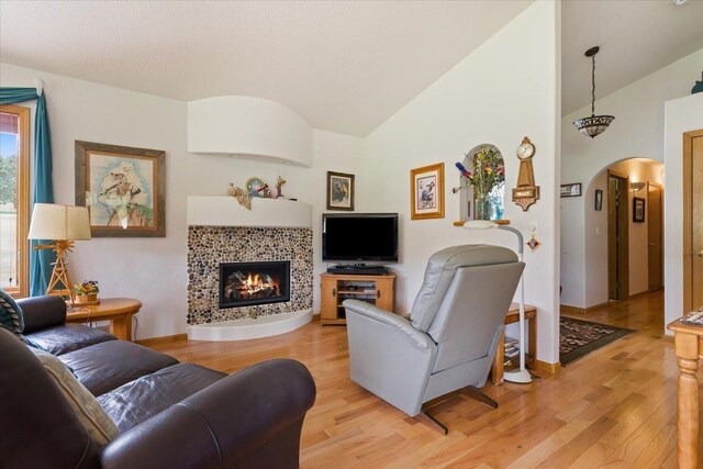 1129 Foothills Rd, Sturgis, SD 57785 - living area featuring vaulted ceiling, arched walkways, light wood finished floors, a tiled fireplace, and baseboards