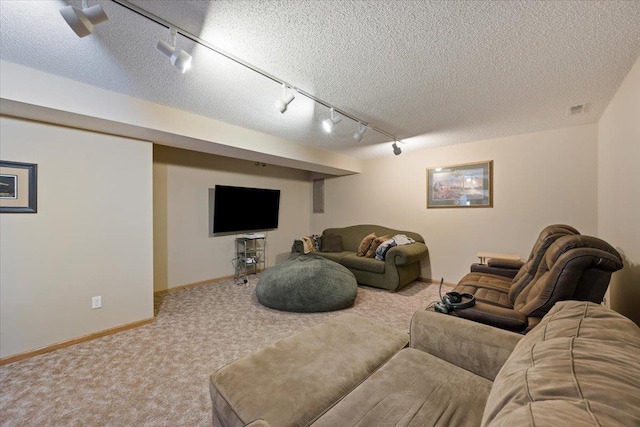 376 Lone Elk Rd, Spearfish, SD 57783 - carpeted living area featuring rail lighting, a textured ceiling, and baseboards