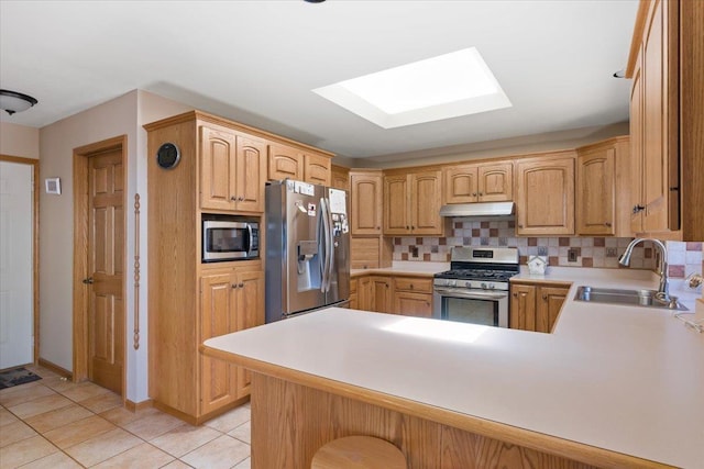 376 Lone Elk Rd, Spearfish, SD 57783 - kitchen with appliances with stainless steel finishes, a skylight, a sink, under cabinet range hood, and a peninsula