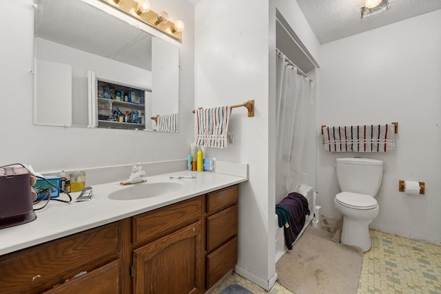 24227 Pine Grove Rd, Rapid City, SD 57702 - full bathroom with vanity, toilet, a textured ceiling, curtained shower, and tile patterned floors