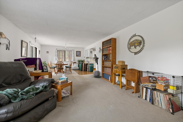 24227 Pine Grove Rd, Rapid City, SD 57702 - living area featuring light colored carpet, a chandelier, and a textured ceiling