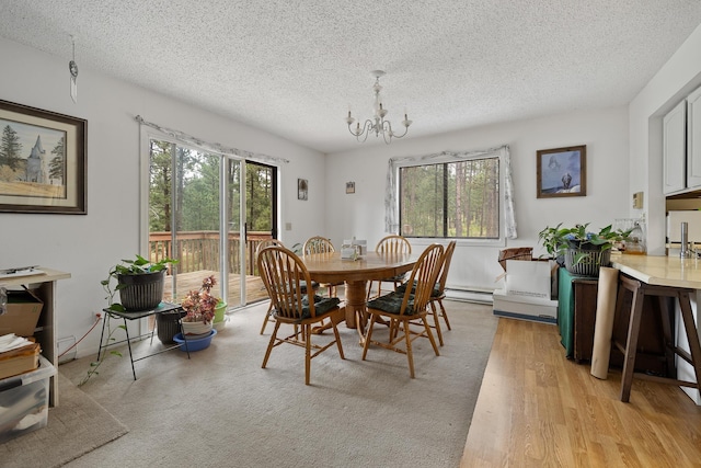 24227 Pine Grove Rd, Rapid City, SD 57702 - dining room featuring a chandelier, healthy amount of natural light, a textured ceiling, light wood finished floors, and a baseboard radiator