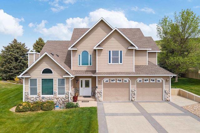 7725 Other, Rapid City, SD 57702 - view of front of property featuring roof with shingles, concrete driveway, stone siding, and a front lawn