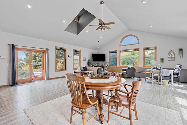 7725 Other, Rapid City, SD 57702 - dining area featuring a ceiling fan, plenty of natural light, light wood-style flooring, recessed lighting, and high vaulted ceiling