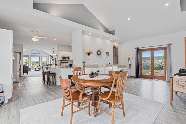 7725 Other, Rapid City, SD 57702 - dining area with ceiling fan, high vaulted ceiling, recessed lighting, and light wood-style floors