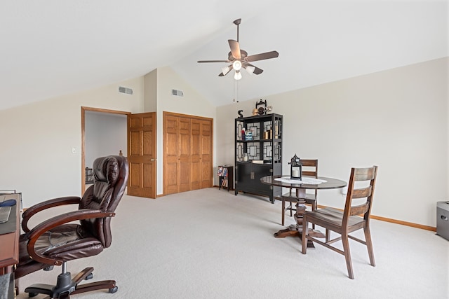 7725 Other, Rapid City, SD 57702 - home office with a ceiling fan, light colored carpet, high vaulted ceiling, and baseboards