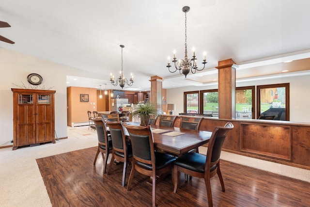 22994 Shields Rd, Rapid City, SD 57702 - dining room with a chandelier, recessed lighting, a baseboard radiator, and carpet flooring