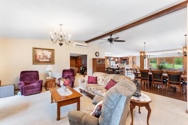 22994 Shields Rd, Rapid City, SD 57702 - living room with a chandelier, a wall mounted AC, carpet floors, and ceiling fan