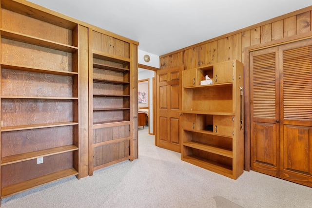 22994 Shields Rd, Rapid City, SD 57702 - unfurnished bedroom with light colored carpet, wood walls, and a closet