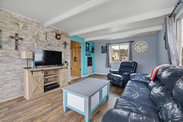 2101 Juniper Dr, Rapid City, SD 57702 - living room with beamed ceiling, wood finished floors, and baseboards