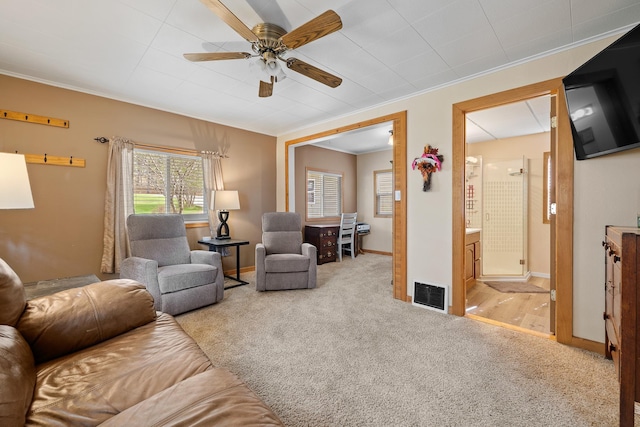 123 Gordon St, Custer, SD 57730 - carpeted living area with a ceiling fan, ornamental molding, and baseboards