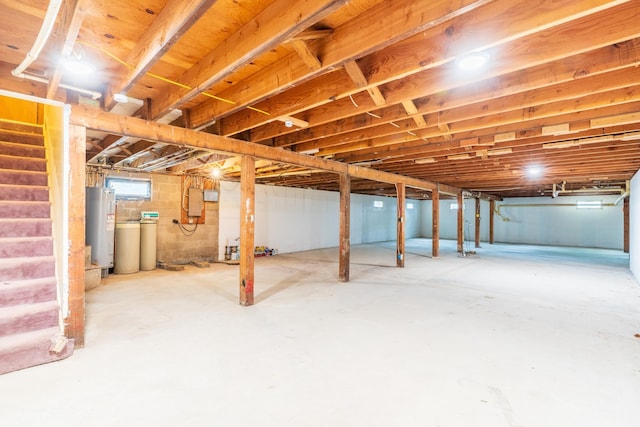 15630 Antelope Creek Rd, Rapid City, SD 57703 - unfinished below grade area featuring a water softener, stairs, water heater, and electric panel