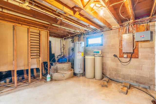 15630 Antelope Creek Rd, Rapid City, SD 57703 - basement featuring electric water heater, electric panel, and a water softener system
