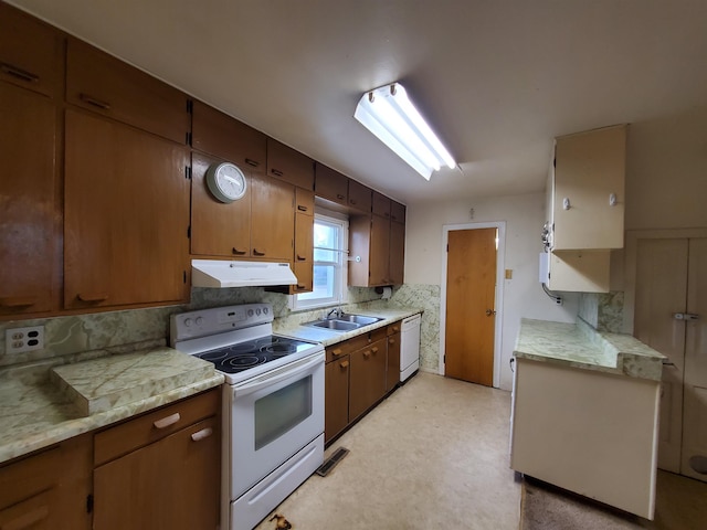 400 5th Ave, Edgemont, SD 57735 - kitchen with white appliances, under cabinet range hood, a sink, and tasteful backsplash