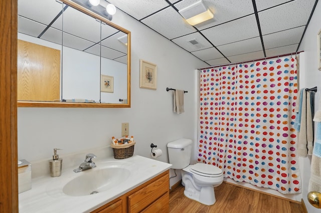 18977 Black Angus Ln, Belle Fourche, SD 57717 - full bath featuring a drop ceiling, vanity, a shower with shower curtain, toilet, and wood finished floors