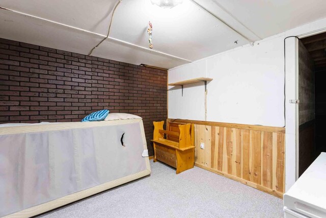 1007 Elkhorn St, Belle Fourche, SD 57717 - finished basement featuring carpet floors, a wainscoted wall, brick wall, and wooden walls