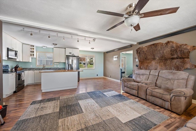 2921 1st Ave, Sturgis, SD 57785 - living area featuring wood finished floors, a ceiling fan, and baseboards