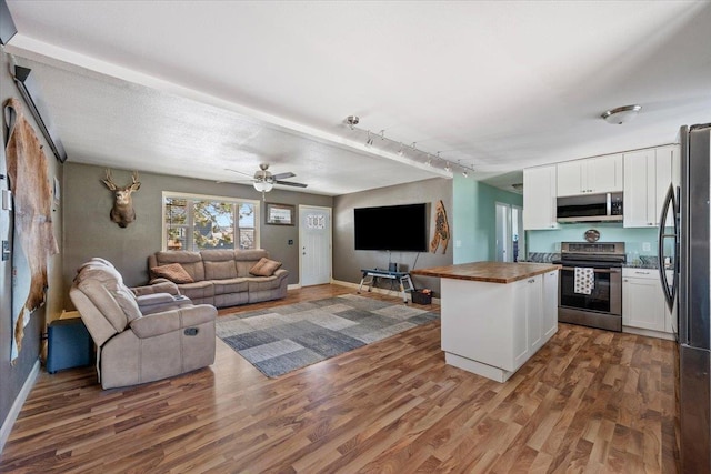 2921 1st Ave, Sturgis, SD 57785 - living area with wood finished floors, rail lighting, ceiling fan, and baseboards