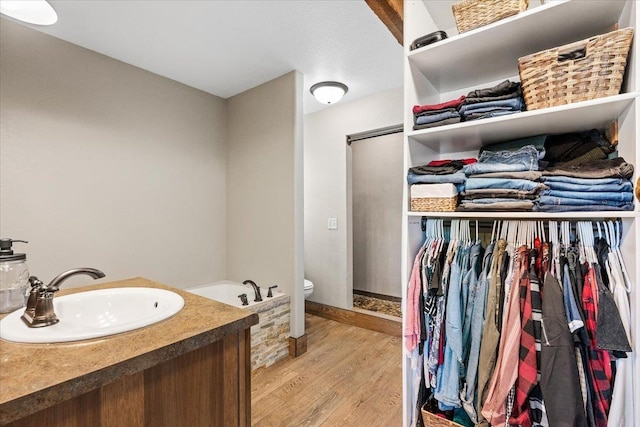 10226 Buena Vista Ln, Belle Fourche, SD 57717 - full bathroom featuring wood finished floors, toilet, a stall shower, a walk in closet, and a garden tub