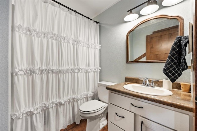 10226 Buena Vista Ln, Belle Fourche, SD 57717 - bathroom with vanity, toilet, a shower with curtain, and a textured wall