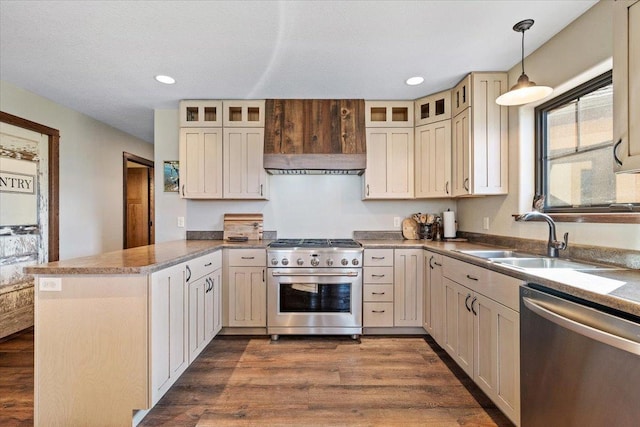 10226 Buena Vista Ln, Belle Fourche, SD 57717 - kitchen with stainless steel appliances, a sink, a peninsula, dark wood-style floors, and glass insert cabinets