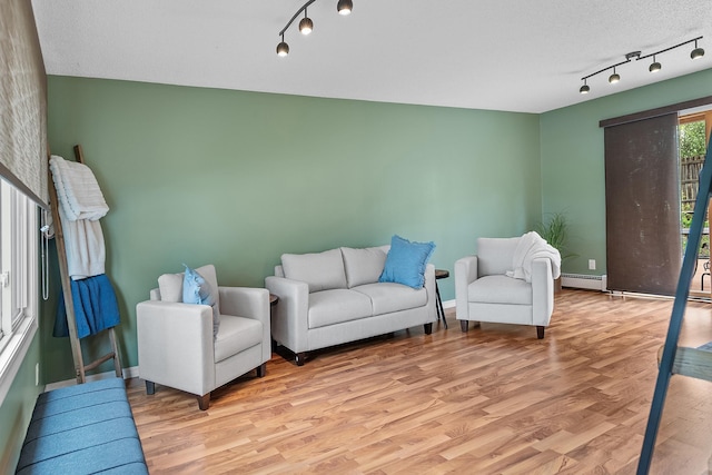 3520 Arizona St, Rapid City, SD 57701 - living room featuring rail lighting, baseboard heating, light wood-type flooring, and baseboards
