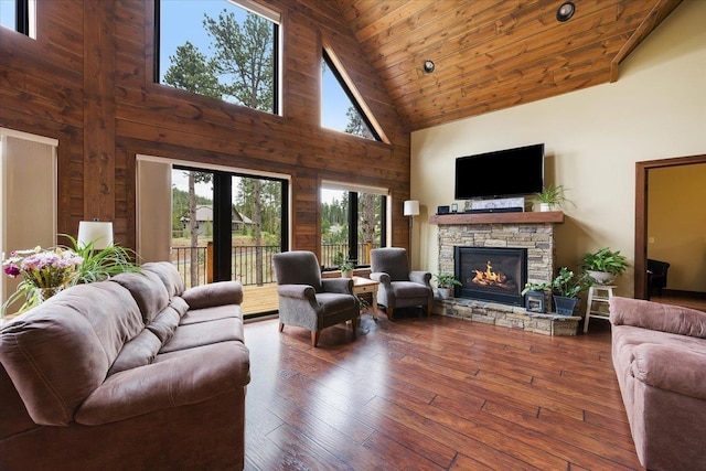 11132 Bogey Cir, Lead, SD 57754 - living area with high vaulted ceiling, a stone fireplace, wooden ceiling, wood-type flooring, and wood walls