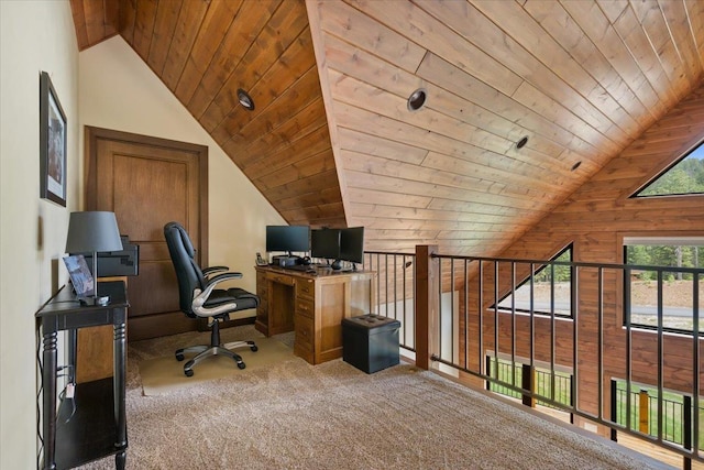 11132 Bogey Cir, Lead, SD 57754 - home office featuring vaulted ceiling, wood ceiling, and carpet floors