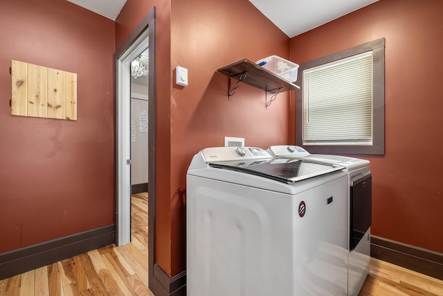 211 Milliken St, Lead, SD 57754 - laundry area featuring washer and clothes dryer, light wood-style floors, and baseboards