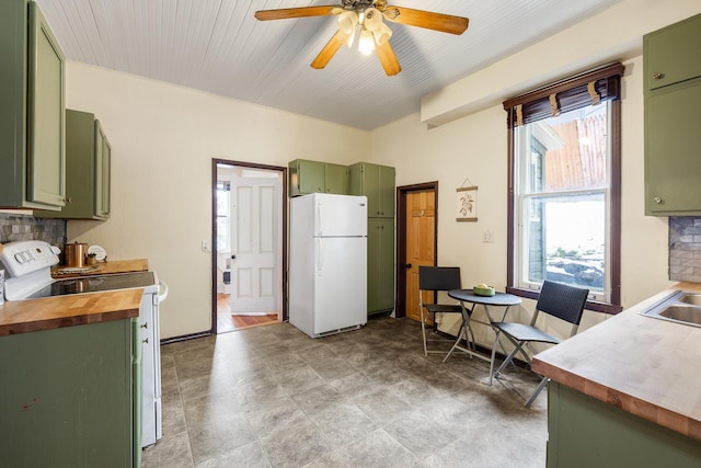 211 Milliken St, Lead, SD 57754 - kitchen featuring green cabinetry, white appliances, a ceiling fan, wooden counters, and decorative backsplash