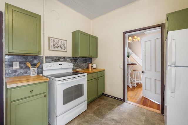 211 Milliken St, Lead, SD 57754 - kitchen featuring white appliances, green cabinetry, backsplash, a chandelier, and butcher block counters