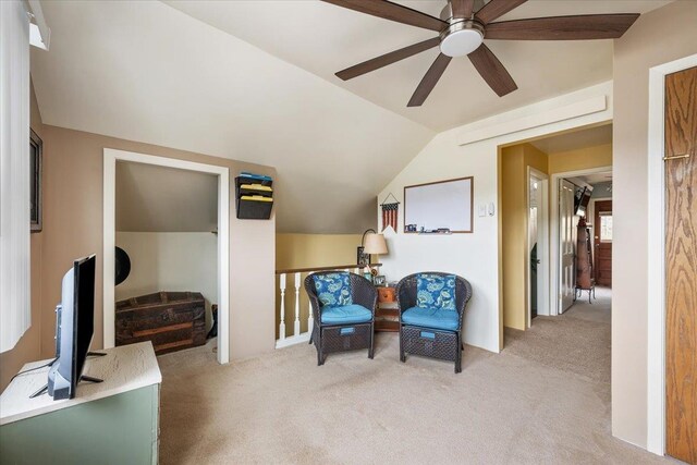 30 Adams St, Deadwood, SD 57732 - living area with a ceiling fan, light carpet, and vaulted ceiling