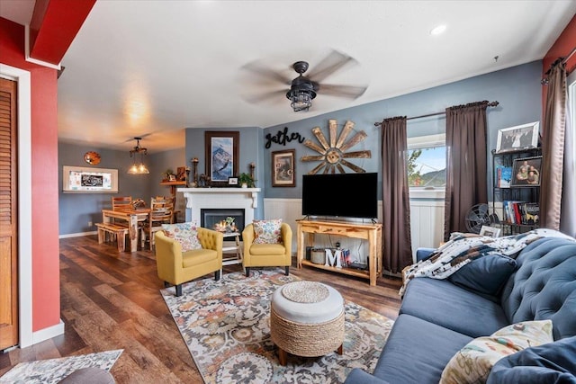 30 Adams St, Deadwood, SD 57732 - living area featuring a ceiling fan, wood finished floors, a lit fireplace, and recessed lighting
