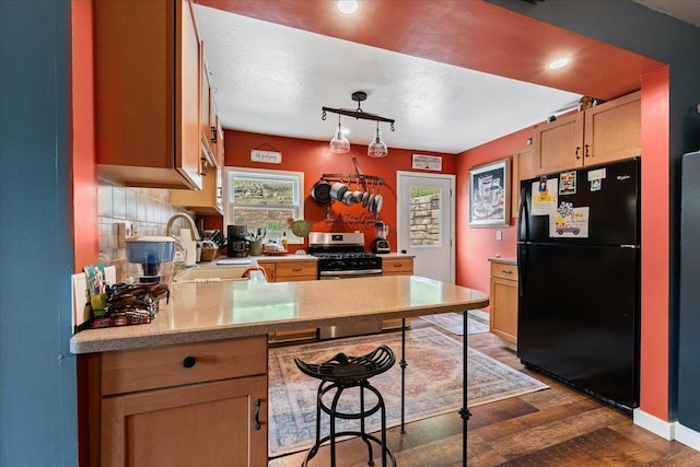 30 Adams St, Deadwood, SD 57732 - kitchen featuring freestanding refrigerator, a sink, stainless steel gas range oven, dark wood finished floors, and a peninsula