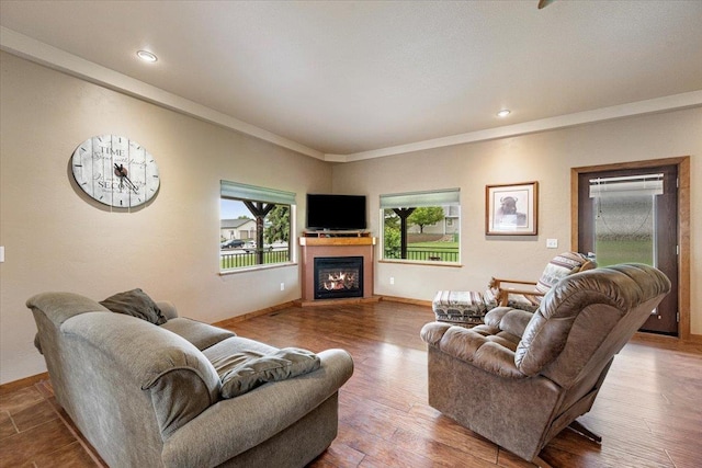 2315 Palisades Loop, Sturgis, SD 57785 - living area with a glass covered fireplace, baseboards, wood finished floors, crown molding, and recessed lighting