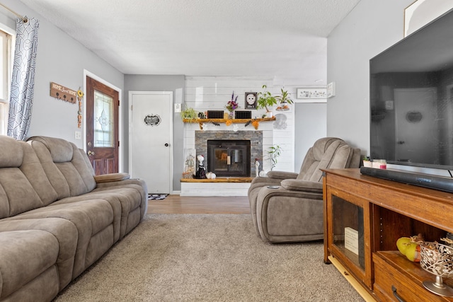 2045 12th Ave, Belle Fourche, SD 57717 - living area featuring a stone fireplace, a textured ceiling, and carpet