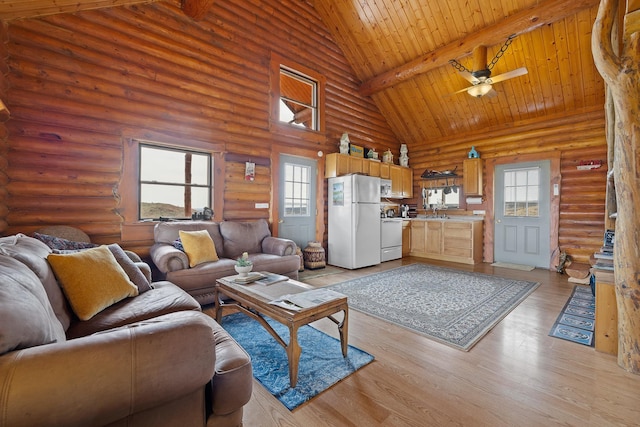 28013 Cascade Rd, Hot Springs, SD 57747 - living room featuring high vaulted ceiling, rustic walls, ceiling fan, wooden ceiling with exposed beams, and light wood-type flooring