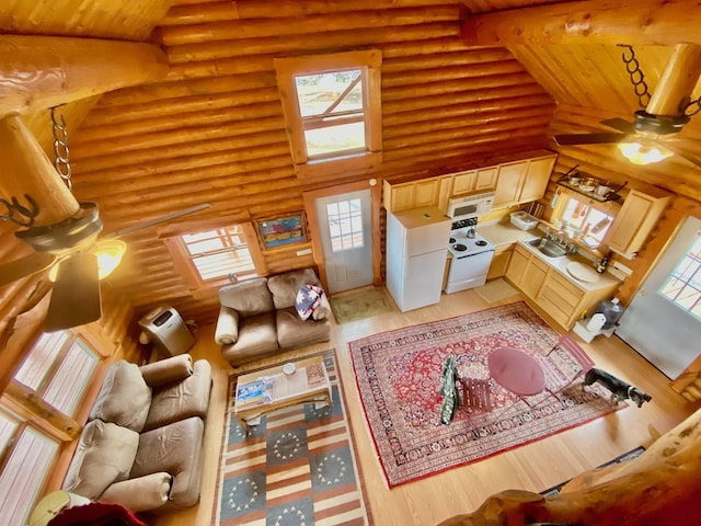 28013 Cascade Rd, Hot Springs, SD 57747 - living room featuring ceiling fan, healthy amount of natural light, log walls, light wood-style flooring, and wooden ceiling