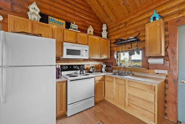 28013 Cascade Rd, Hot Springs, SD 57747 - kitchen with white appliances, a sink, wood ceiling, light wood-style floors, and lofted ceiling