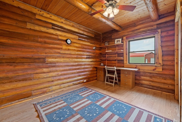 28013 Cascade Rd, Hot Springs, SD 57747 - unfurnished office with wooden ceiling with exposed beams, hardwood / wood-style floors, built in study area, log walls, and ceiling fan