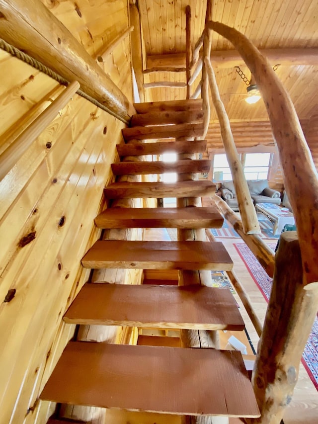 28013 Cascade Rd, Hot Springs, SD 57747 - stairway with wooden ceiling, wood-type flooring, and wooden walls