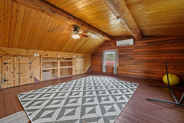 28013 Cascade Rd, Hot Springs, SD 57747 - bonus room featuring hardwood / wood-style flooring, a wall mounted AC, wooden ceiling, rustic walls, and ceiling fan